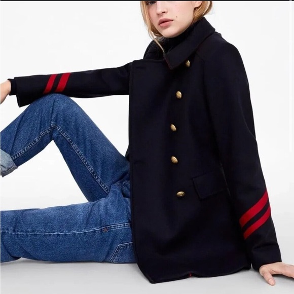ZARA Navy Double-Breasted Military Wool blend Coat sz M - Picture 4 of 12